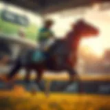 A digital jockey riding a horse in a virtual race setting.