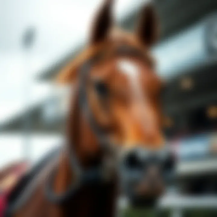 Close-up of a prominent racehorse ready to compete