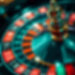 Close-up of a roulette wheel highlighting the vibrant colors and numbers